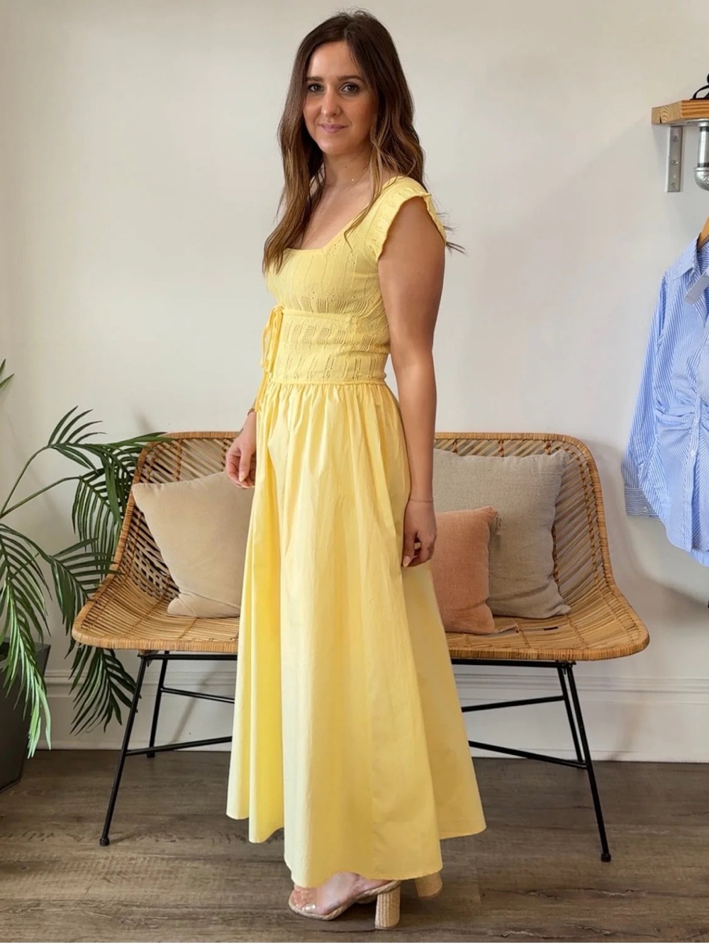 moon river august yellow ruffle knit bodice midi summer sun dress size small NEW - Picture 3 of 8